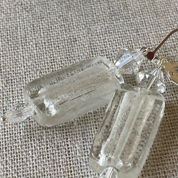 Clear & Silver Lined Lampwork Glass Rectangle Drop Earrings Swarovski & Sterling - Picture 2 of 6